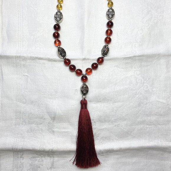 C1946 Jewelry - C1946 Maroon Red & Amber Tone Bead Y-Drop Tassel Silver Tone Chain Necklace